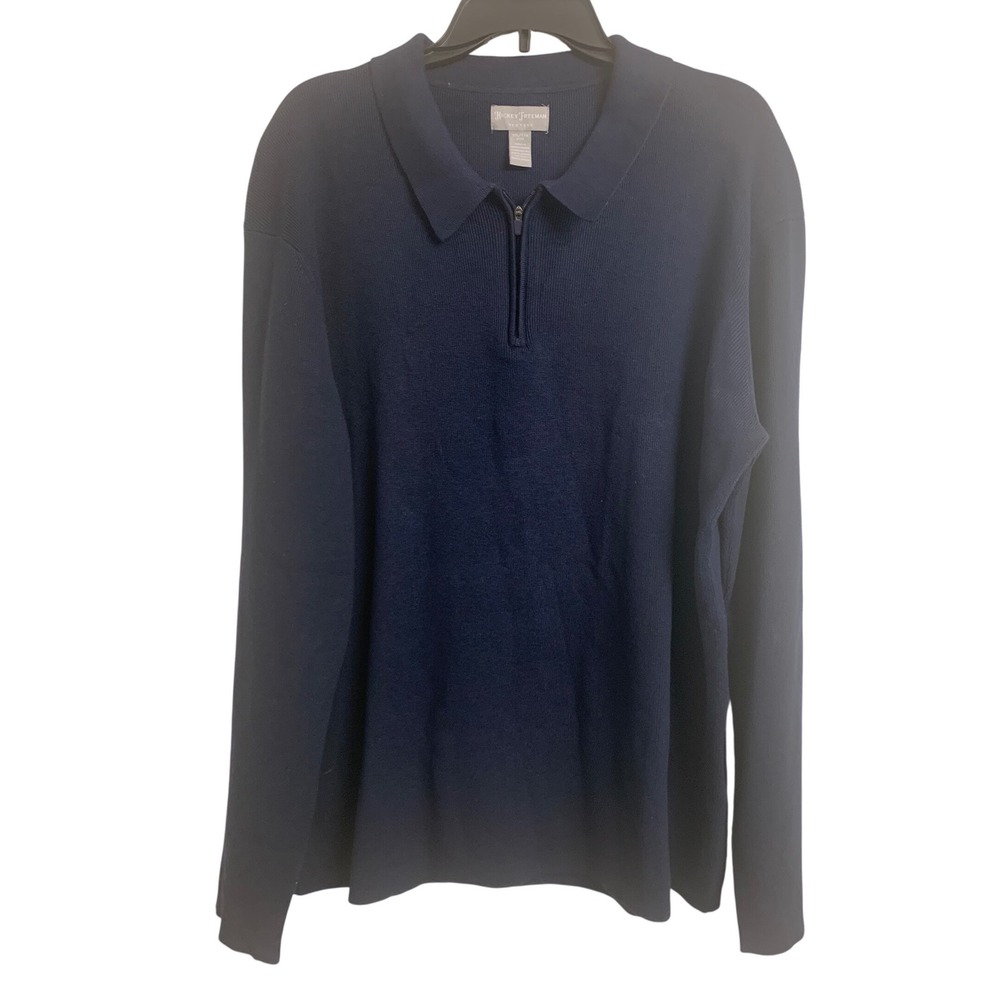 Hickey Freeman  XXL Navy‎ Blue Heavy Ribbed Knit Quarter Zip Polo Sweater